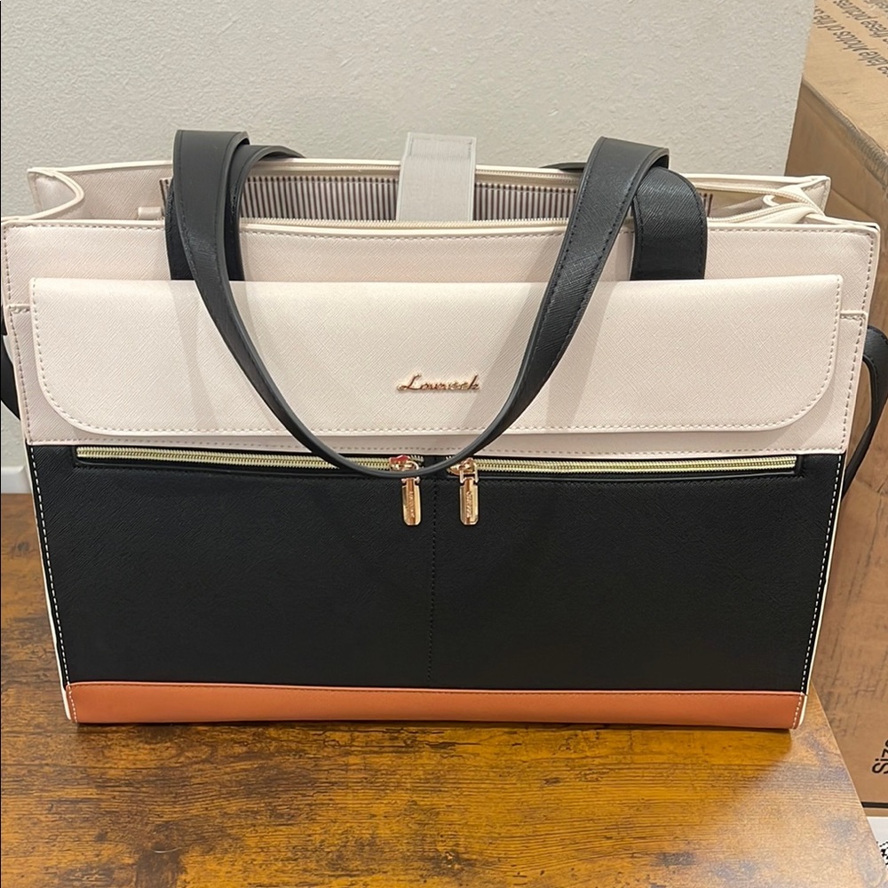 Black and Cream Structured Laptop Bag with Geometric Design